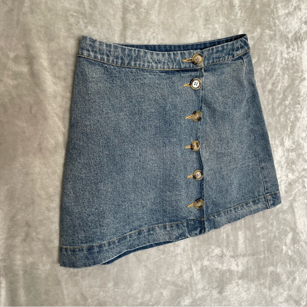 Lulus Denim Skirt Womens Small Blue Jean Button Front Mini Cotton Wrap Style - Picture 2 of 8